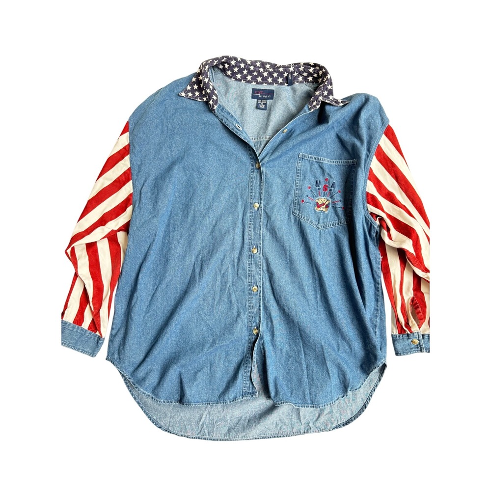 Vintage‎ 90's Denim Womens Shirt Size 26 American Flag Embroidered Bear USA
